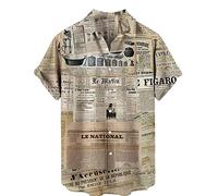 kewing Mens Vintage Shirt 3D Letter Print Short Sleeve Shirt Distressed Newspaper Pattern Regular Button Casual Blouse Streetwear Beach T-Shirt for Teenagers
