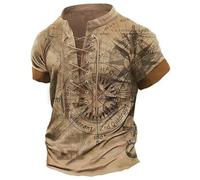 kewing Men's Vintage T Shirt V-Neck Lace Up Stand Collar Henley Shirts Fashion Compass Printed Short Sleeve T Shirt Summer Casual Top Brown