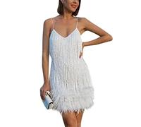 kewing Women Flapper Dresses 1920s Gatsby V Neck Cocktail Dress UK Spaghetti Tassel Feather Stitching Dress Vintage Layered Fringe Clubbing Dress White