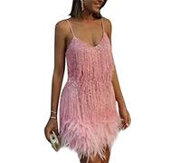 kewing Women Flapper Dresses 1920s Gatsby V Neck Cocktail Dress UK Spaghetti Tassel Feather Stitching Dress Vintage Layered Fringe Clubbing Dress Pink