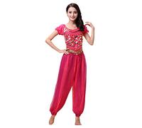 kewing Womens Belly Dance Costume Set - Dancing Top + Lantern Pants Professional Carnival Dancer Outfit Suit Rose Red