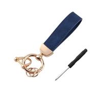 Kewucn Genuine Leather Car Keychain, Universal Heavy Duty Metal Auto Key Fob Holder with Anti Lost D-Ring for Men Women （Golden-Navy Blue）