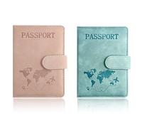 KEWUF Passport Holder, Passport Case, PU Leather Luggage Tag, RFID Passport Holder, Suitable for ID Cards, Credit Cards, Travel Documents (2 Pieces, Pink, Blue)