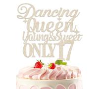 KEWUFD Champagne Gold Glitter Dancing Queen Young and Sweet Only 17 Cake Topper Happy 17th Birthday Party Decorations for Girl