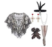 KEXIAO 20s Flapper Costume Set for Women with Sequined Shawl and Pearls Necklace Accessories for Themed Parties, Black Gold, 45 cm