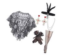 KEXIAO 20s Flapper Costume Set for Women with Sequined Shawl and Pearls Necklace Accessories for Themed Parties, Black Silver, 45 cm
