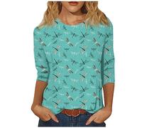 KEXIMIXUE Ladies Blouses Office Cozy Boho Three Quarter Sleeve T Shirt Holiday Oversized Comf Crew Neck Printed T Shirt Sky Blue