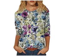 KEXIMIXUE Linen Tops for Women UK Pop Three Quarter Sleeve Tshirt Holiday Plus Size Birthday Coz Baggy Crew Neck Printed Tshirt Dark Purple