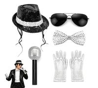 Kexinmierxi 5-Piece 80s Star Outfit Set, Retro Costume for Theme Party | Sequin Hat, Gloves, Bow Tie, Sunglasses & Prop Microphone included. Ldeal for Fancy Dress, Stage Performance & Retro Cosplay