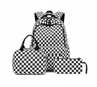 Kexpery 3Pcs Checkered Student Backpack with Lunch Box & Pencil Case Stylish School Rucksack for Elementary Middle & High School (Black)