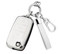 Key Fob Cover with Keychain for VW Atlas Golf GTI Jetta Passat Tiguan Touareg Beetle Flip Remote Key Case, White, Normal