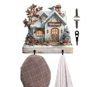 Key Hooks - Decorative Key Hanger for Hallway - Christmas Halloween Decor, 2D Hangable House-Shaped Sign with Hooks for Hats Bags Scarves Entrance Bedroom Cafe Home