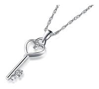 Key To Her Heart Petite Skeleton Key Pendant Necklace In Sterling Silver, Cubic Zirconias Accented