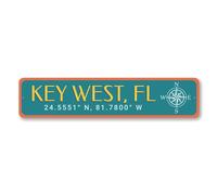 Key West Florida Sign with Coordinates and Cute Compass Design Metal Sign SIZE: 4x16 Inch