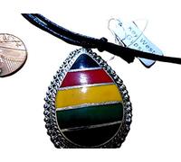 Key West Gypsy Rasta Big 2" high Pendant Hand Crafted w/Inlaid Enamel Rastafarian Colours Necklace Black & Silver Plate Frame 36" Adjustable Necklace