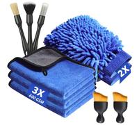 KEYAYE 10 Pcs Car Washing Kit with 3x Microfibre Cleaning Cloths, 2er Wash mitts and 5 Interior Detailing Brushes with Soft Bristle, Dual-Sided Ultra Soft Drying Towels for Car Care 600GSM, 40x30cm