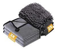 KEYAYE 5 Pcs Car Washing Kit with 3x Microfibre Cleaning Cloth and 2er Microfibre Wash Mitt, Dual-Sided Ultra Soft Drying Towels and Gloves for Car Care, Polishing, 600GSM, 40x30cm