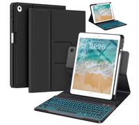 Keyboard Case for iPad 9.7 inch 5th 6th Generation,360° Rotatable iPad Air 2 Keyboard Case with Pencil Holder(2018/2017/2014),7 Color Backlit Removable Bluetooth Smart Folio Cover (Black)