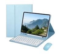 Keyboard+Mouse for Samsung Galaxy Tab S10 Lite SM-X400 SM-X406B Blue | UK QWERTY Bluetooth Round Keycaps Removable Tri Fold PU Cover Tablet Stand Upper Stylus Slot Slim Colour Matched Design