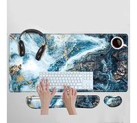 Keyboard Wrist Rest and Mouse Pad for Desk Mat Set Blue Marble Desk Pad Large Mousepad Wrist Support for Keyboard and Mouse 31.5" x 15.75" XXL Computer Mat for Men Office
