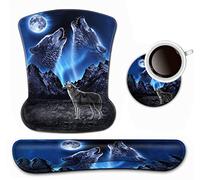 Keyboard Wrist Rest and Mouse Pad Wrist Support Set ,Wolves Howling Moon Ergonomic Gel Mouse Pad ,Easy Typing Pain Relief, Memory Foam Keyboard Mousepad Set with Coasters