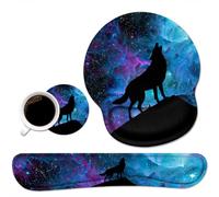 Keyboard Wrist Rest and Mouse Wrist Rest Pad Set with Coasters, Ergonomic Support, Non-Slip PU Base, Easy Typing and Relieve Wrist Pain, Perfect for Home Office Working Studying, Galaxy Nebula Wolf
