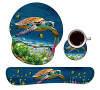 Keyboard Wrist Rest + Mouse Pad Wrist Support Set with Coasters, Non-Slip PU Base Ergonomic Mousepad for Home Office Working Studying Easy Typing & Pain Relief, Sea Turtle