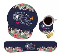Keyboard Wrist Rest + Mouse Pad Wrist Support Set with Coasters, She Believed She Could So She Did Inspirational Quote Design Non-Slip PU Base Ergonomic Mousepad for Home Office Working Studying