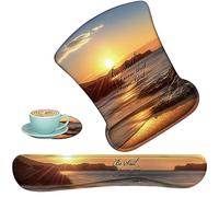 Keyboard Wrist Support + Wrist Mousepad + Coaster Combination, Non-Slip PU Base, with Gel Memory Mousepad, Suitable for Gaming, Office Pain Relief Mousepad Set - Sunset Beach