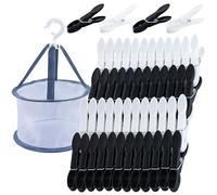 KEYBOO 48 Pcs Clothes Pegs Extra Strong for Washing Line with Bag, Black White Laundry Pegs Washing Line Peg Basket for Washing Line, Plastic Clothes Pegs and Bag Set Cinch Clips for Home and Garden