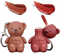 Keychain Bear Lipsticks, 2 in 1 Bear Keychain Velvet Matte Lipstick Lip Mud Set, Waterproof Long Lasting No-Budge Clay Lip Mud Lip gloss Moisturizing Lip Stain (01+02)
