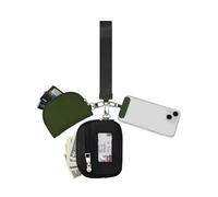Keychain Wallet Mini Zip Around Dual Pouch Wristlet Detachable Coin Purse for Women and Men with Phone Tether Tab, Black+Green, Leisure, Sports, Fashion