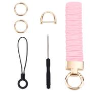 Keychain Wristlet, Stretchy Scrunchie Lanyard Wrist Strap Keychain with 3 Rings 1 Mobile Phone Strap 1 Screwdriver for Women Men Car Keys ID Badges Wallet (Pink)