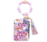 Keychain Wristlet Wallet - Flower Coin Wallet, Floral ID Wallet | Folded Edge Pretty PU Leather Small Credit Card Silicone Strap Wallets for Bag, Lavender, se beskrivning, Unisex