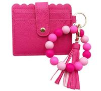 keychain Wristlet Wallet for Women, Small Wallet Card Holder ID Window Slim Purse Silicone Beaded Bracelet Key Ring, Rose, One Size, Keychain Wristlet Wallet Card Holder