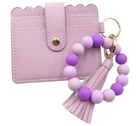 keychain Wristlet Wallet for Women, Small Wallet Card Holder ID Window Slim Purse Silicone Beaded Bracelet Key Ring, Light Purple, One Size