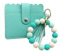 keychain Wristlet Wallet for Women, Small Wallet Card Holder ID Window Slim Purse Silicone Beaded Bracelet Key Ring, Cyan, One Size, Keychain Wristlet Wallet Card Holder