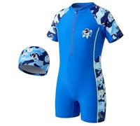 Keyck Boys Swimming Costume One Piece Short Sleeve Cartoon Swimsuit with Front Zipper & Swim Cap Quick Drying Stretchy Bathing Suit Summer Beach Surfing Swimwear for Kids 8-9 Years, Sky Blue