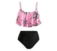Keyck Girls Bikini Set 2 Pieces Swimming Costume Quick Dry Printed Ruffles Tops and Bottoms Swimsuit with Adjustable Straps Bathing Suit Summer Holiday Beach Pool Swimwear for Kids 11-12 Years, Rose