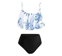 Keyck Girls Bikini Set 2 Pieces Swimming Costume Quick Dry Printed Ruffles Tops and Bottoms Swimsuit with Adjustable Straps Bathing Suit Summer Holiday Beach Pool Swimwear for Kids 14-15 Years, Blue