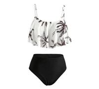 Keyck Girls Bikini Set 2 Pieces Swimming Costume Quick Dry Printed Ruffles Tops and Bottoms Swimsuit with Adjustable Straps Bathing Suit Summer Holiday Beach Pool Swimwear for Kids 14-15 Years, Black