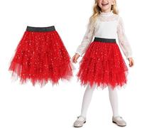 Keyck Tutu Skirt for Girls, Irregular Elastic High Waist Layered Tulle Sequin Star Ballet Dance Skirts, Midi A-line Fairy Princess Halloween Party Dress with Lining for Girls 5-6 Years, Red