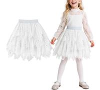 Keyck Tutu Skirt for Girls, Irregular Elastic High Waist Layered Tulle Sequin Star Ballet Dance Skirts, Midi A-line Fairy Princess Halloween Party Dress with Lining for Girls 7-8 Years, White