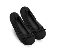 Keyela Women's Ballerina House Slippers with Soft Tie Bow and Suede Sole, Non-Slip Bedroom Slippers Socks, Silk Black, 5-7.5