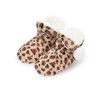Keyela Womens Slipper Socks With Soles, Fluffy Cozy Soft Non-Skid Bottom Slippers Booties For Ladies, Fuzzy Winter House Slippers, Brown Leo Pompom, 8-10