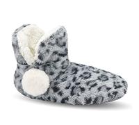 Keyela Womens Slipper Socks With Soles, Fluffy Cozy Soft Non-Skid Bottom Slippers Booties For Ladies, Fuzzy Winter House Slippers, Gray Leo Pompom, 5-7.5