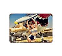 KEYGAMER Sexy Beauty Leaning On The Plane Metal Tin Sign, Vintage Plaque Poster Garage Bar Home Wall Decor 8 X 12 Inches