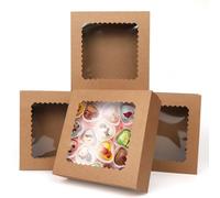 KEYIDO 10 Inch Square Bakery Boxes 20 Pack Cookie Boxes with Clear Window 10" x 10" x 2.5" Kraft Cardboard Packaging Boxes for Donuts Macarons Biscuits Muffins Pies Cupcakes Party Favours