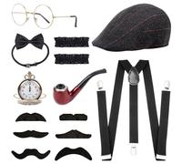 KEYIDO 1920s Mens Costume, Great Gatsby Accessories Men, Peaky Blinders Fancy Dress Set with Hat, Bow Tie, Pocket Watch, Suspender, Glasses, Beard, Armband Garters