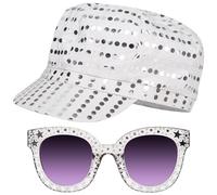 KEYIDO 2Pcs Abba Accessories 70s Disco Silver Sequin Hat Set 70's Glam Rock Fancy Dress up Costume Sparkly Glitter Hat for Adult Women Retro 70s Theme Dance Party
